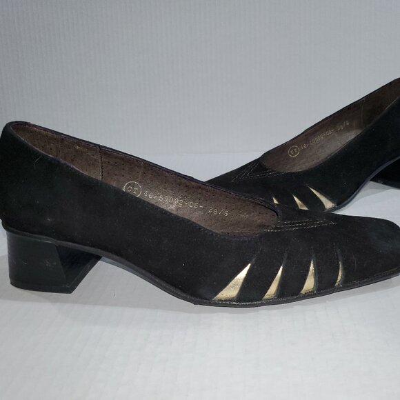 Black Suede Pump w/ Gold Trim, Block Heel, and Square Toe - Picture 1 of 12